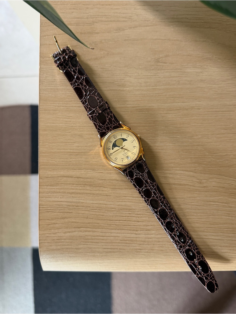 Titan Watch — Gold Case with Dark Brownish Croc-Pattern Leather Strap